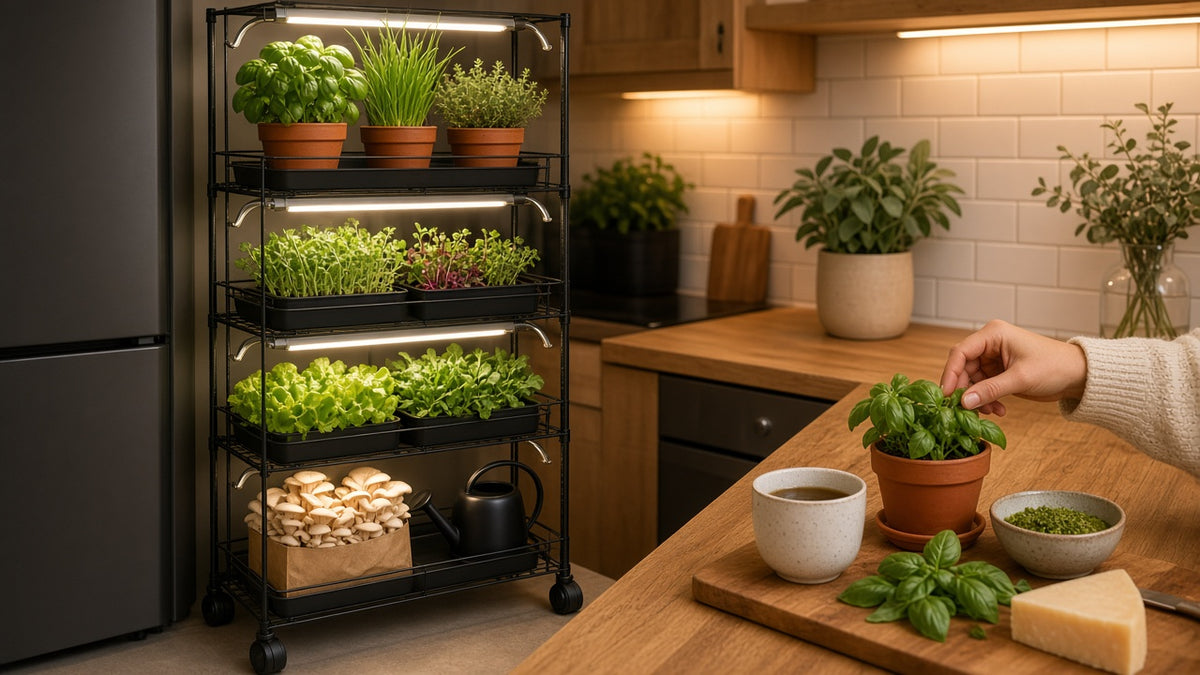 A slim plant stand with grow lights full of herbs, microgreens and salad beside a fridge in a warm family kitchen